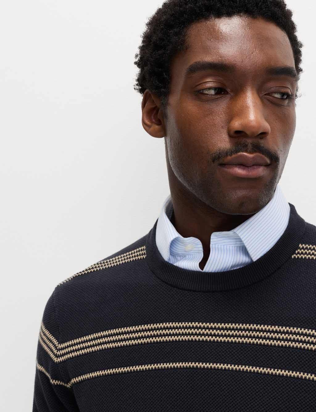 Marks & Spencer M&S Pure Cotton Striped Textured Jumper Navy Mix