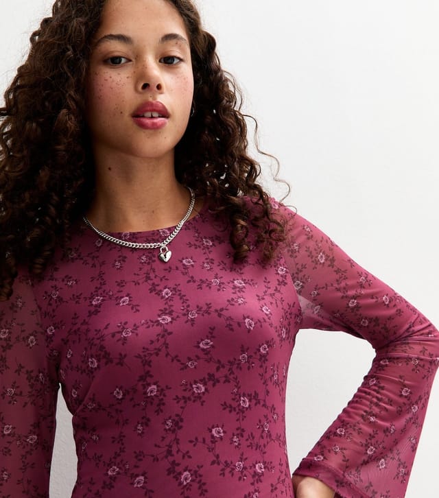 New Look Girls' Red Mesh Rose Print Long Sleeve Mini Dress New Look - 2