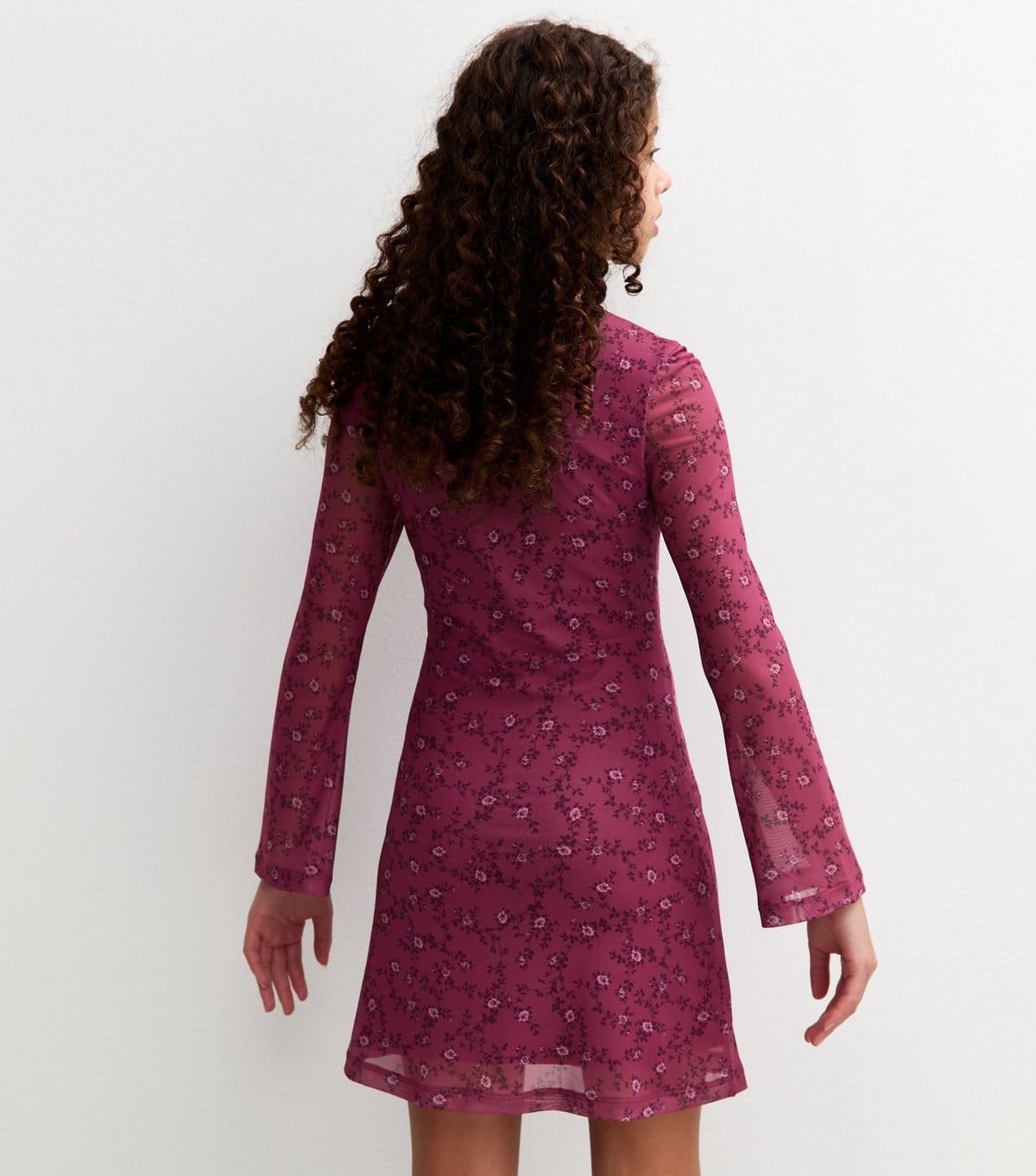 New Look Girls' Red Mesh Rose Print Long Sleeve Mini Dress New Look - 4