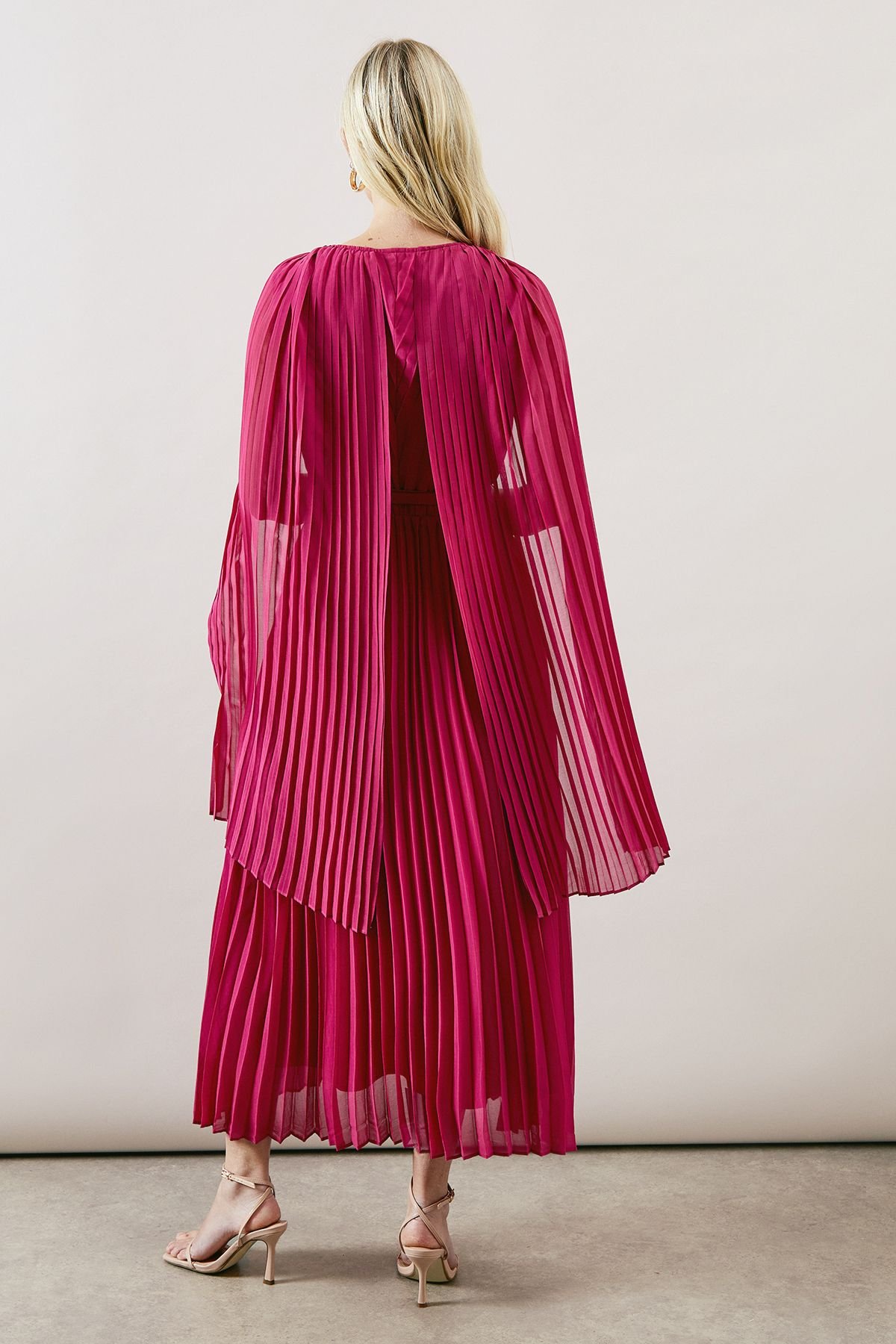 Wallis Wallis Women's Petite Occasion Pleated Cape Midi Dress in Fuchsia - 3