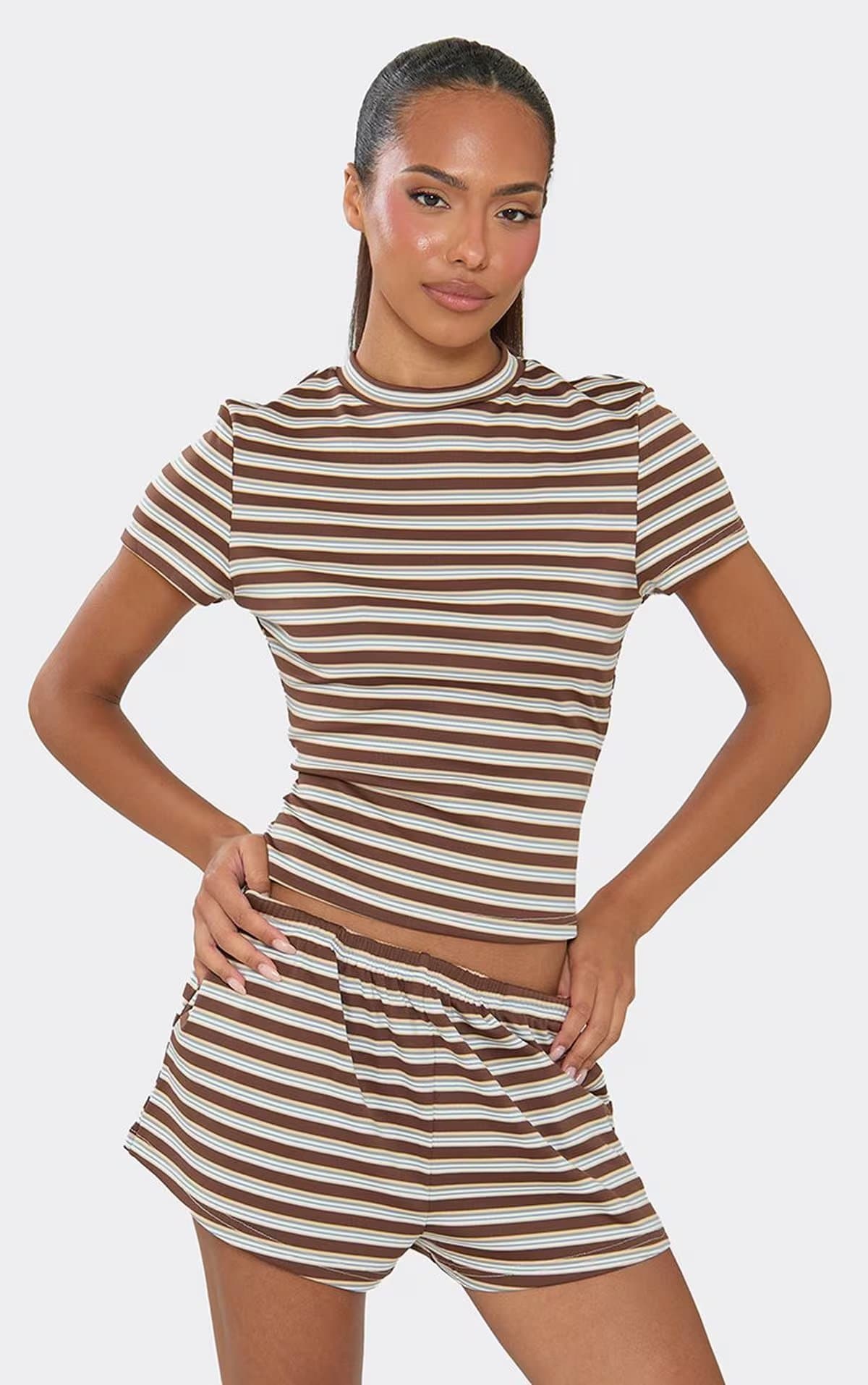 EGO Short Sleeve Fitted Baby Tee In Brown Stripe, Women's Size UK 6