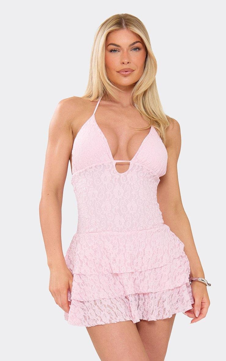 EGO Halterneck Strappy Tiered Hem Playsuit In Pink Lace, Women's Size UK L - 2