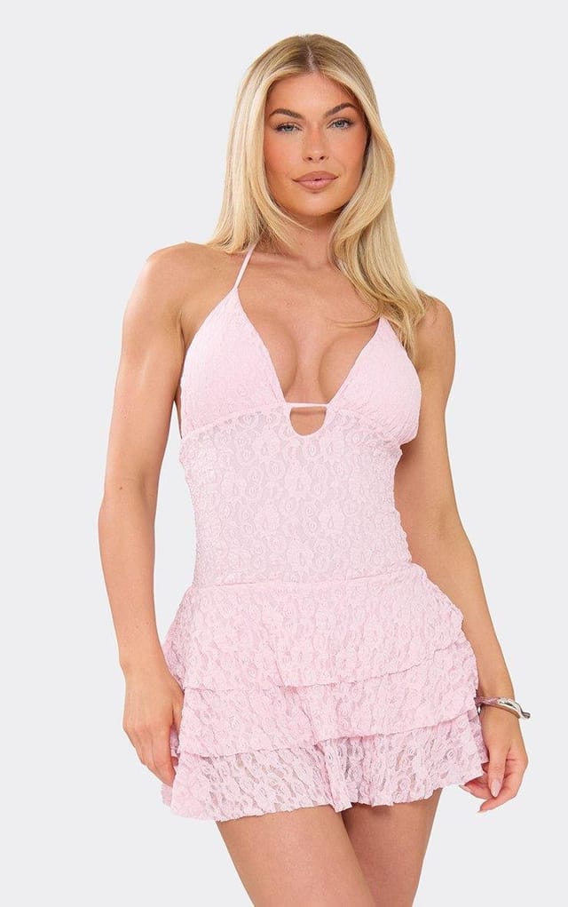 EGO Halterneck Strappy Tiered Hem Playsuit In Pink Lace, Women's Size UK L - 2