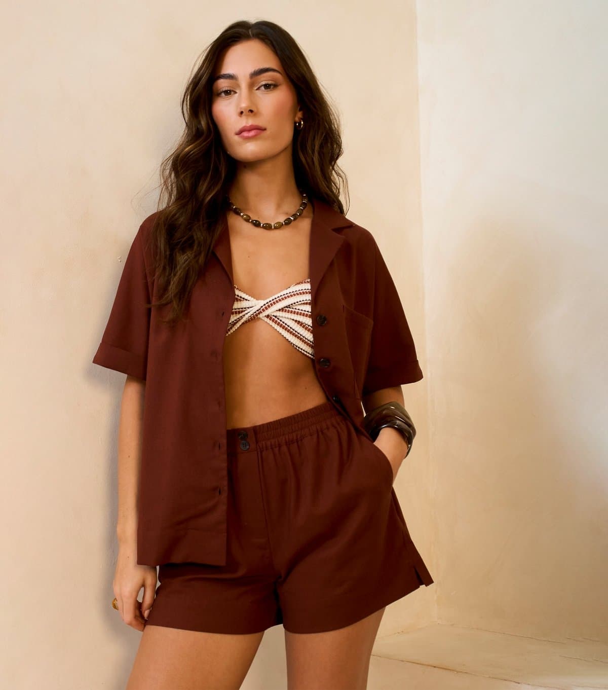 Gini London Gini London Dark Brown Woven Button-Through Shirt