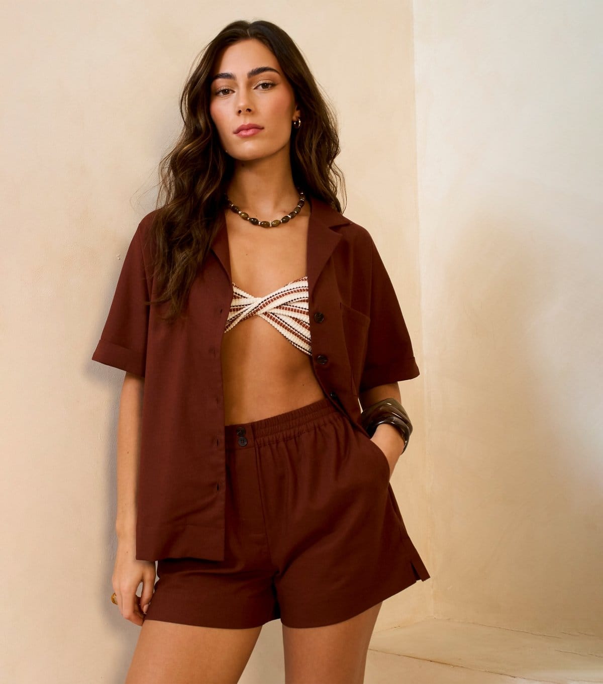Gini London Dark Brown Woven Button-Through Shirt