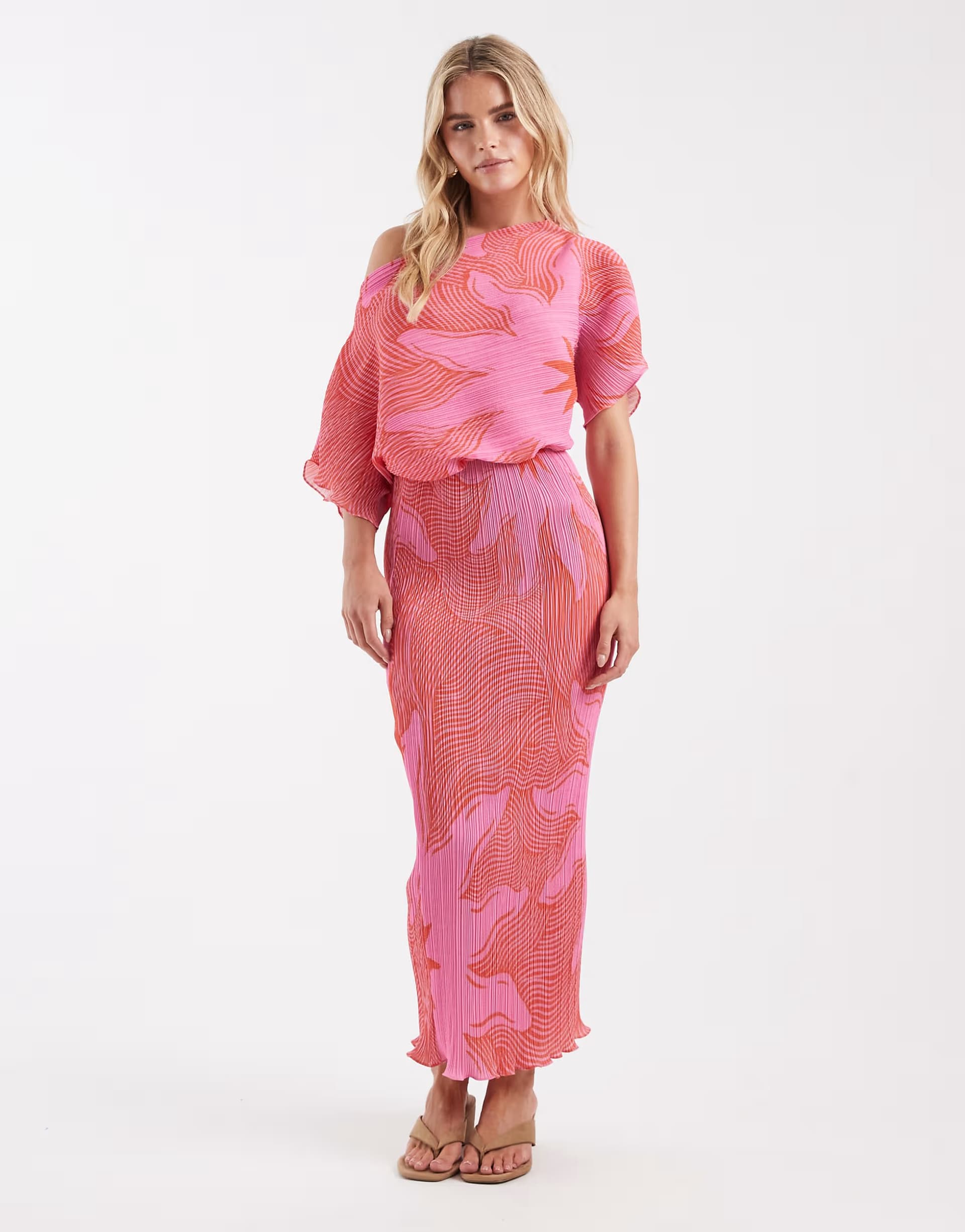 ASOS Never Fully Dressed Petite Tilly off shoulder plisse maxi dress in pink sol print