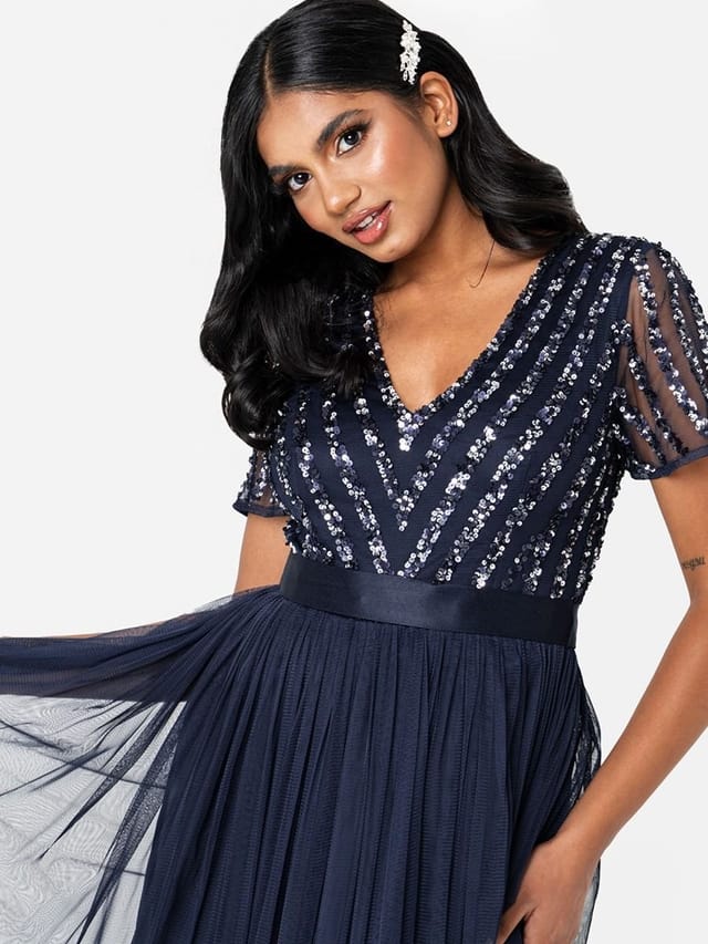 Maya Deluxe Maya Deluxe Women's Belted Stripe Embellished Maxi Dress in Dark Navy - 2