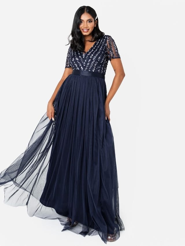 Maya Deluxe Maya Deluxe Women's Belted Stripe Embellished Maxi Dress in Dark Navy - 3