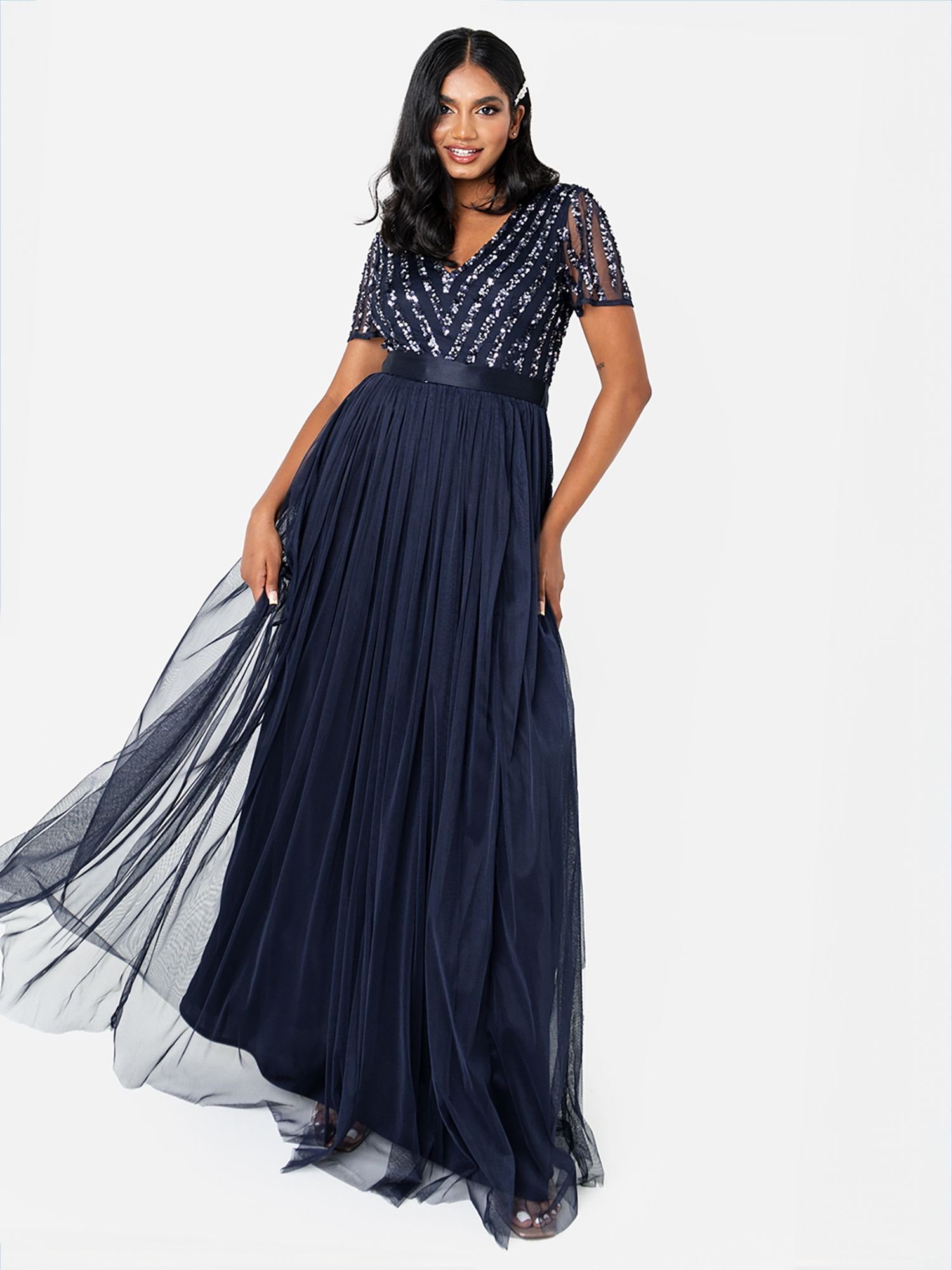 Maya Deluxe Maya Deluxe Women's Belted Stripe Embellished Maxi Dress in Dark Navy - 4