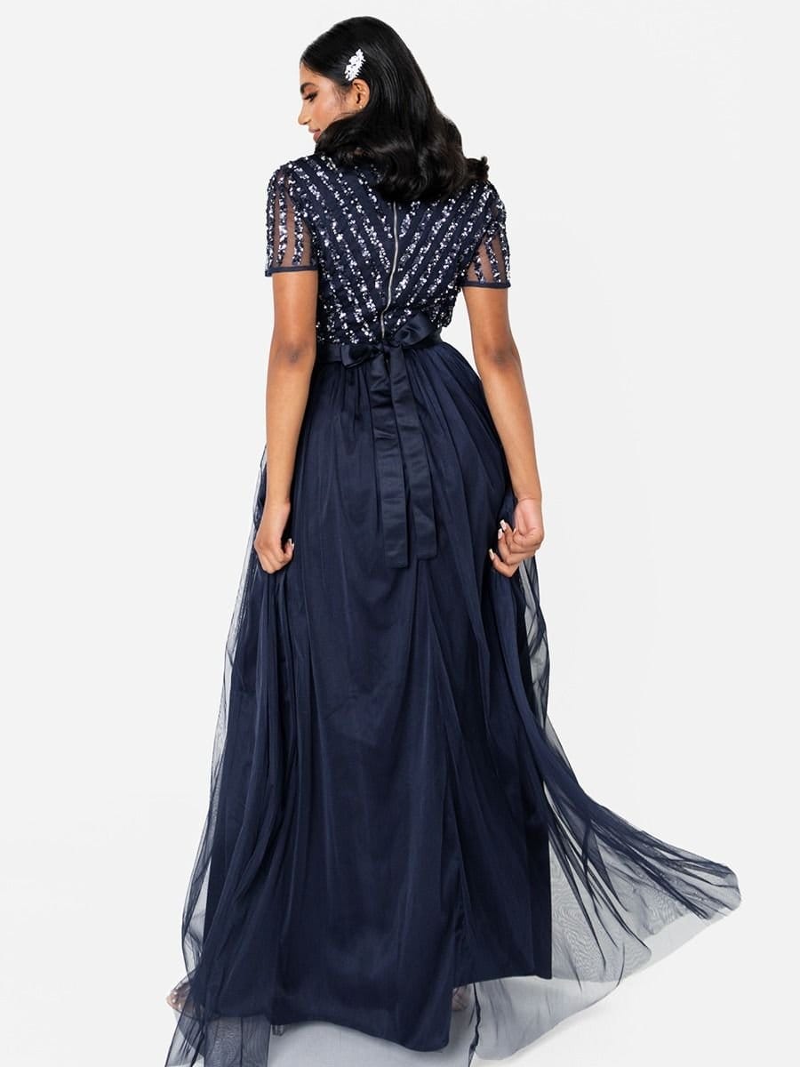 Maya Deluxe Maya Deluxe Women's Belted Stripe Embellished Maxi Dress in Dark Navy - 4