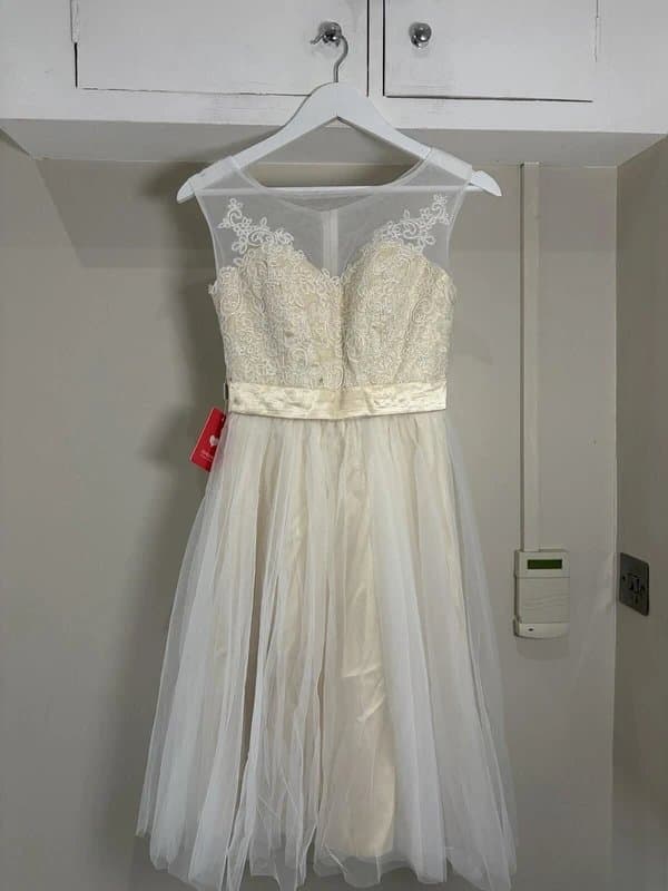 JJs House JJs House Champagne Ivory Lace Tulle Short Wedding Dress UK 8 3/4 Sleeve NWT