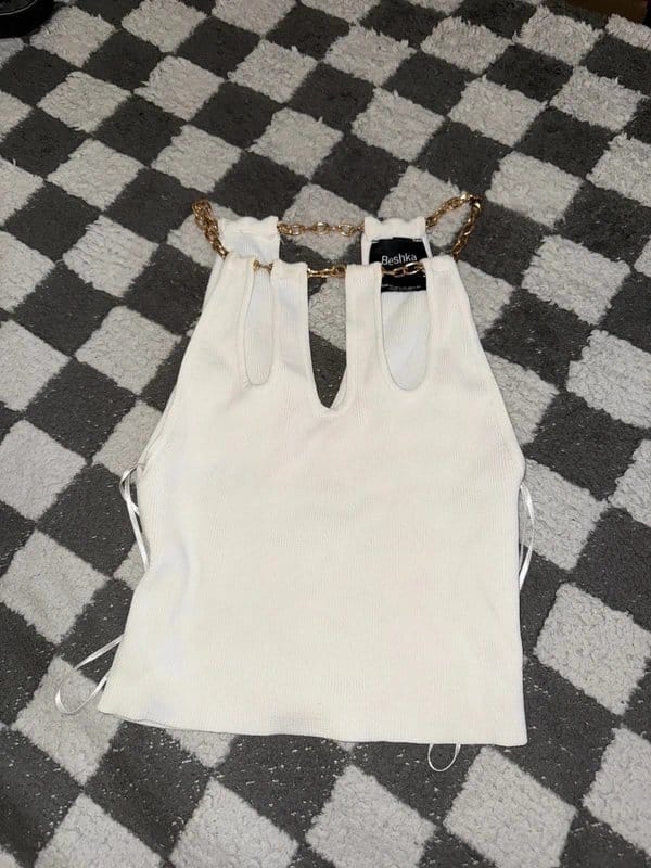 Bershka Bershka Gold Chain Knit Top Y2K Cut Out White XS - 1