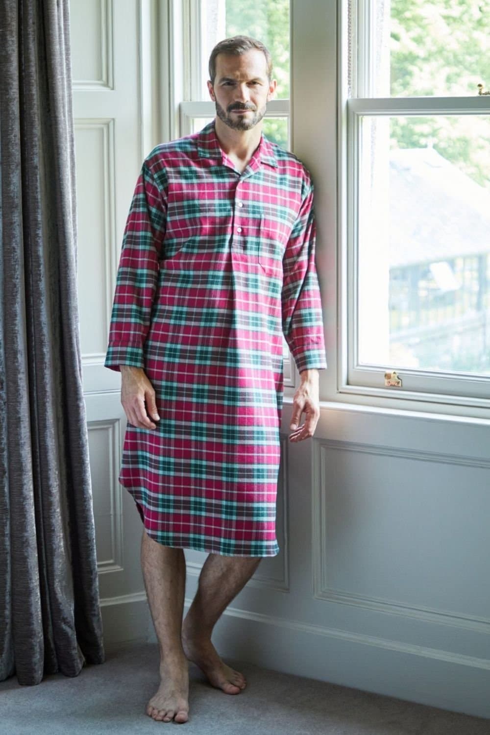 British Boxers British Boxers Men's "Gaia" Tartan Brushed Cotton Nightshirt in Burgundy