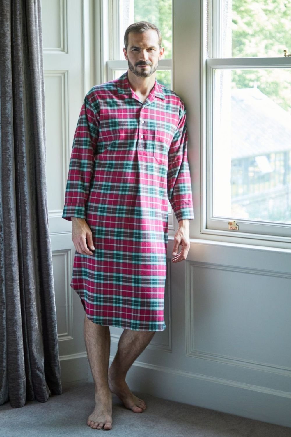 British Boxers British Boxers Men's "Gaia" Tartan Brushed Cotton Nightshirt in Burgundy - 2