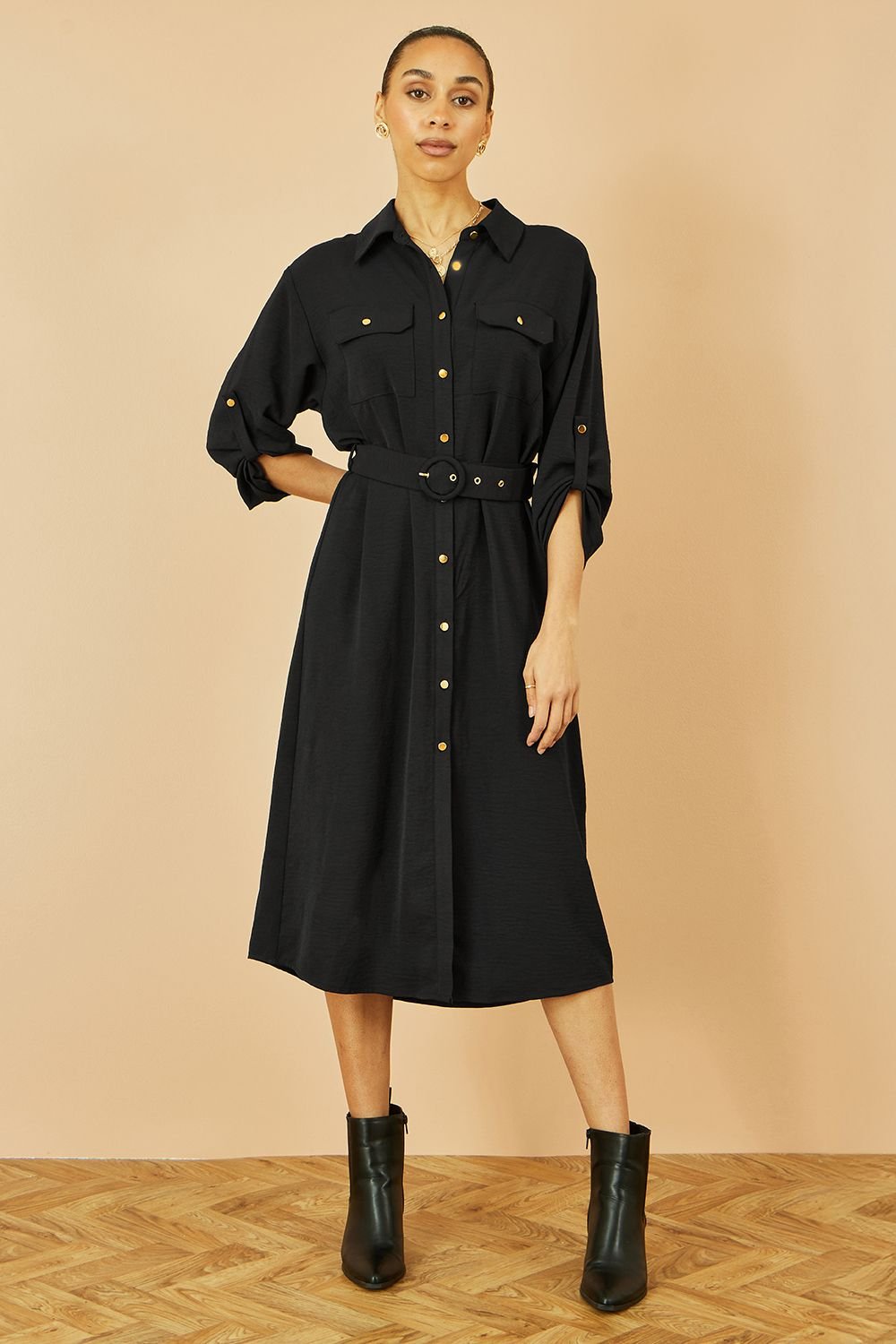 Yumi Yumi Women's Black Stretch Midi Shirt Dress - 2