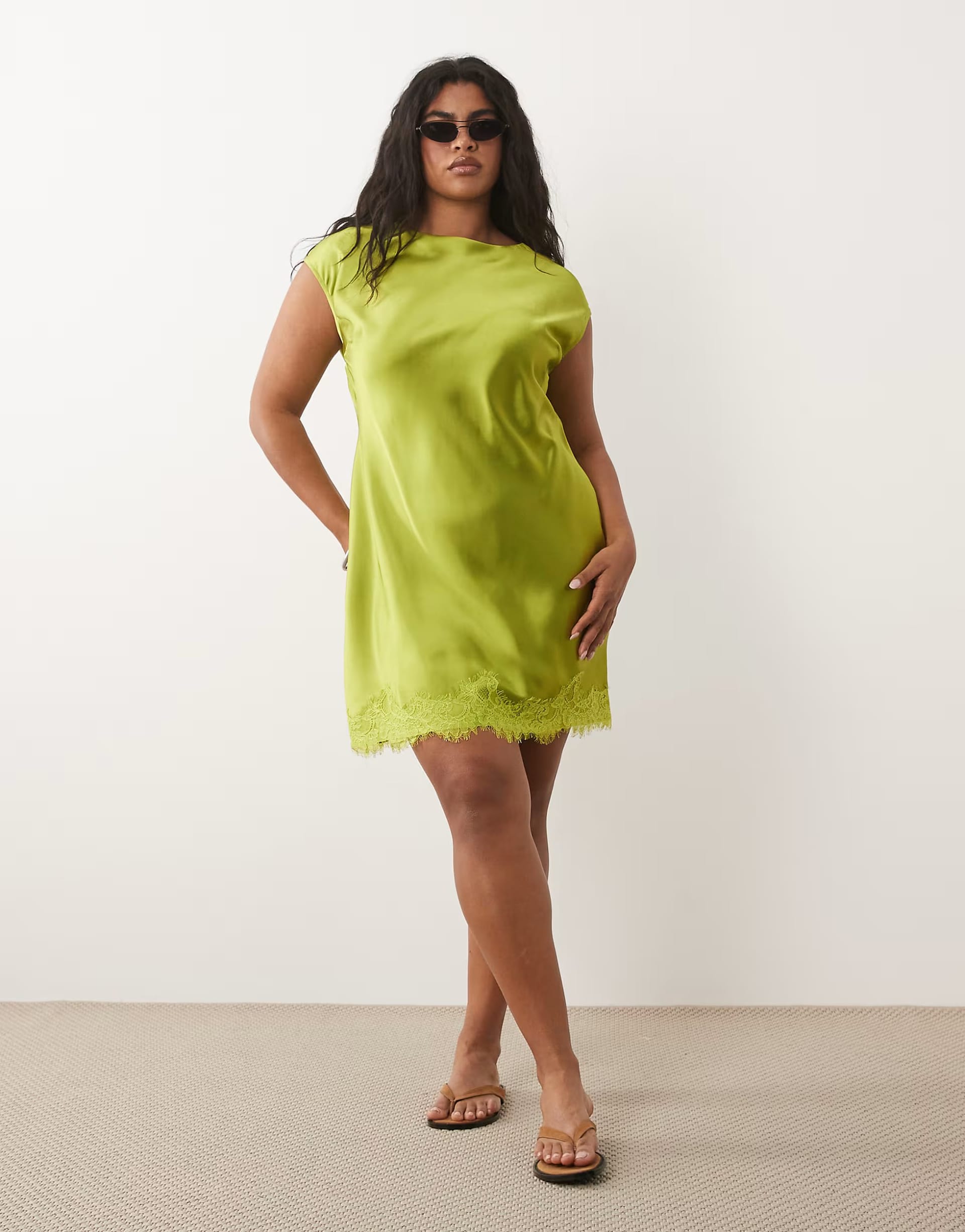ASOS DESIGN Curve Slash Neck Satin Mini Dress in Green