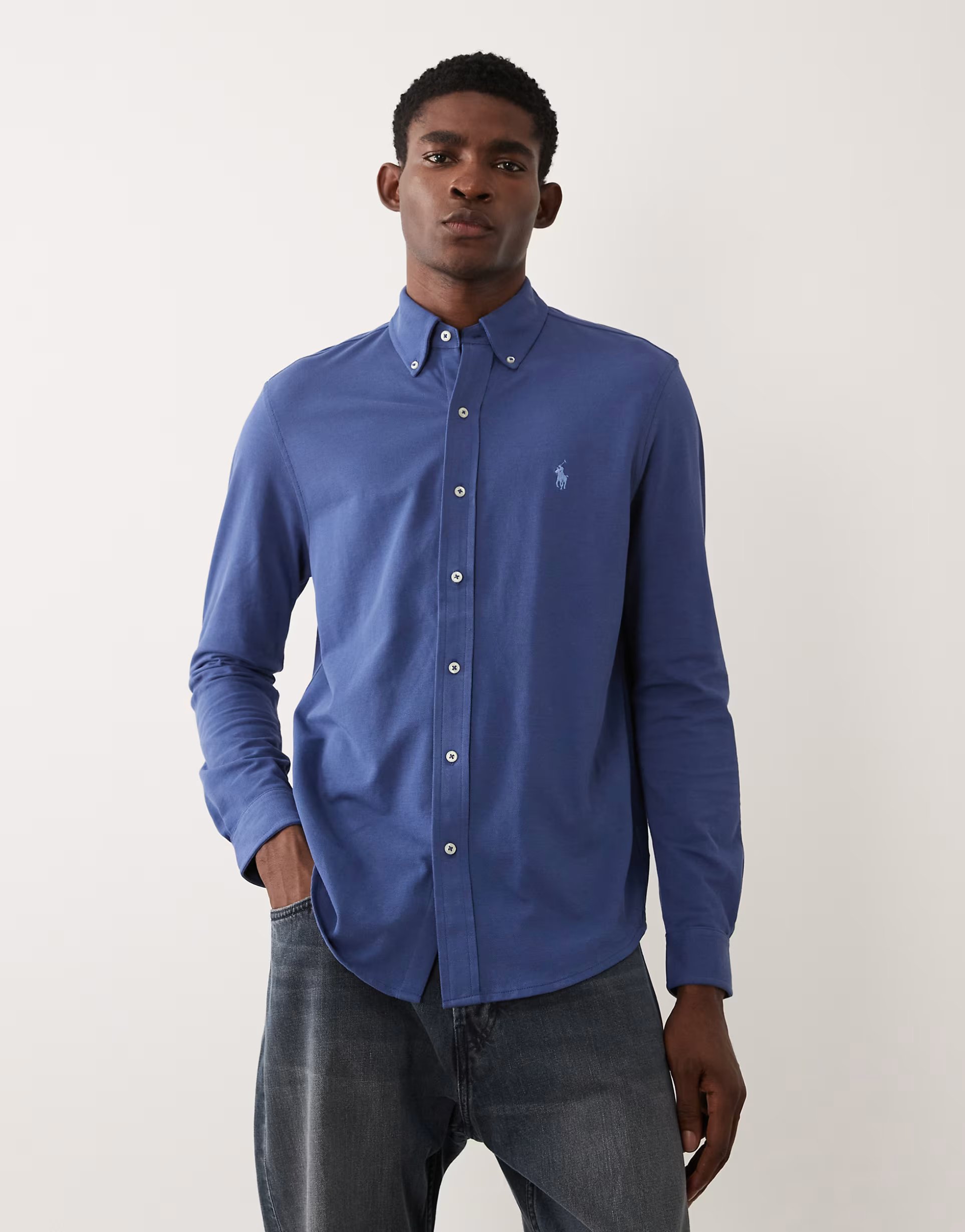 ASOS Polo Ralph Lauren icon logo long sleeve cotton shirt in navy - 1