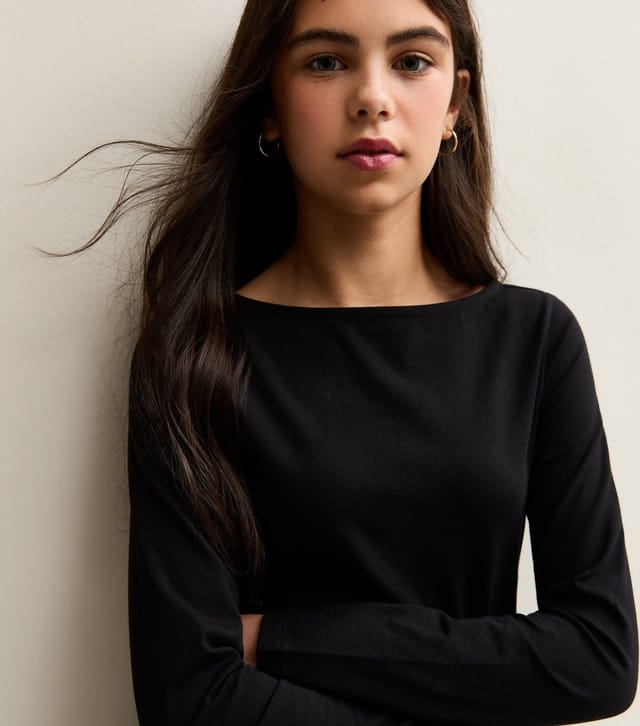 New Look Girls' Black Stretch Cotton Slash Neck Long Sleeve Dress New Look - 2