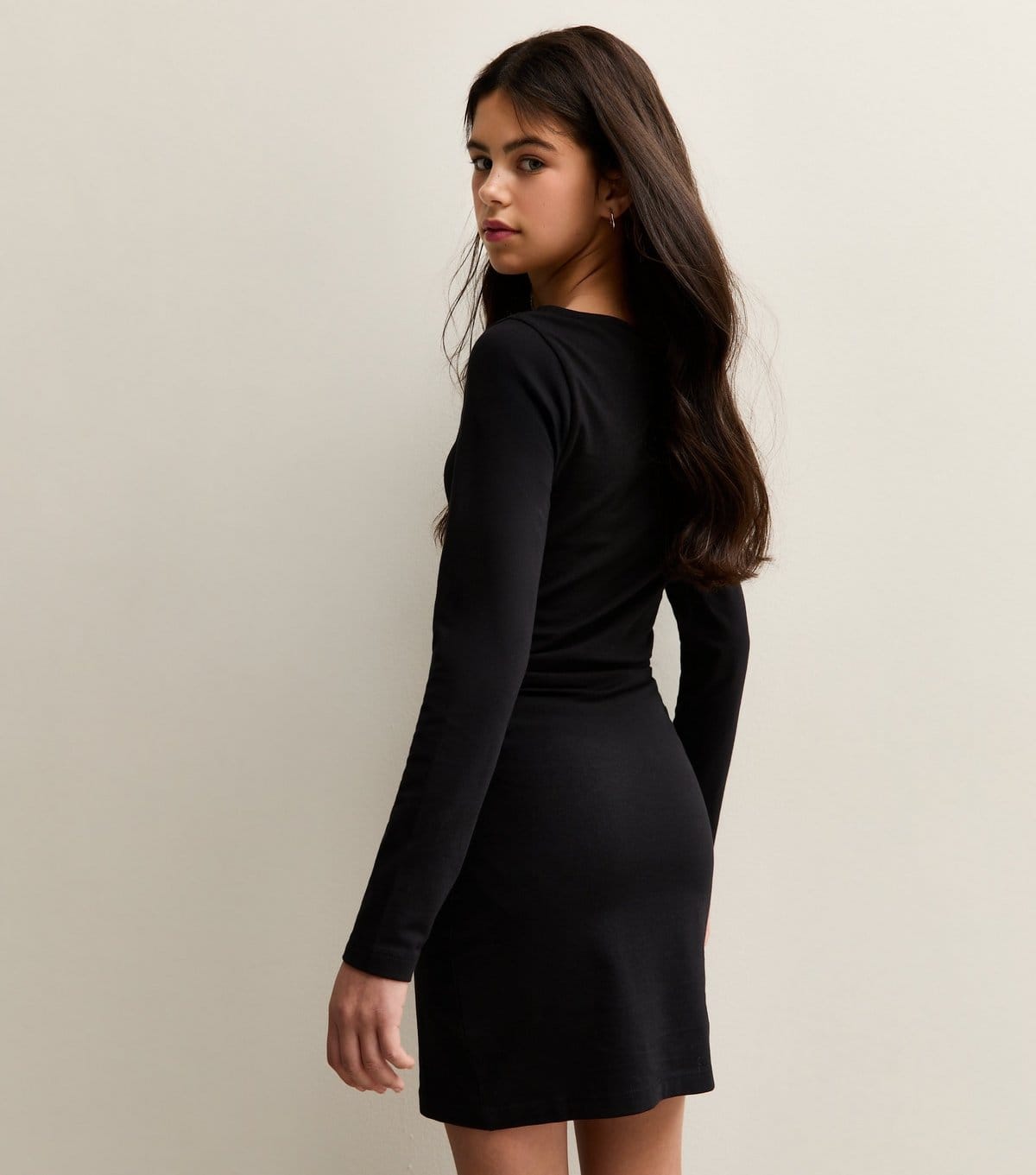 New Look Girls' Black Stretch Cotton Slash Neck Long Sleeve Dress New Look - 4