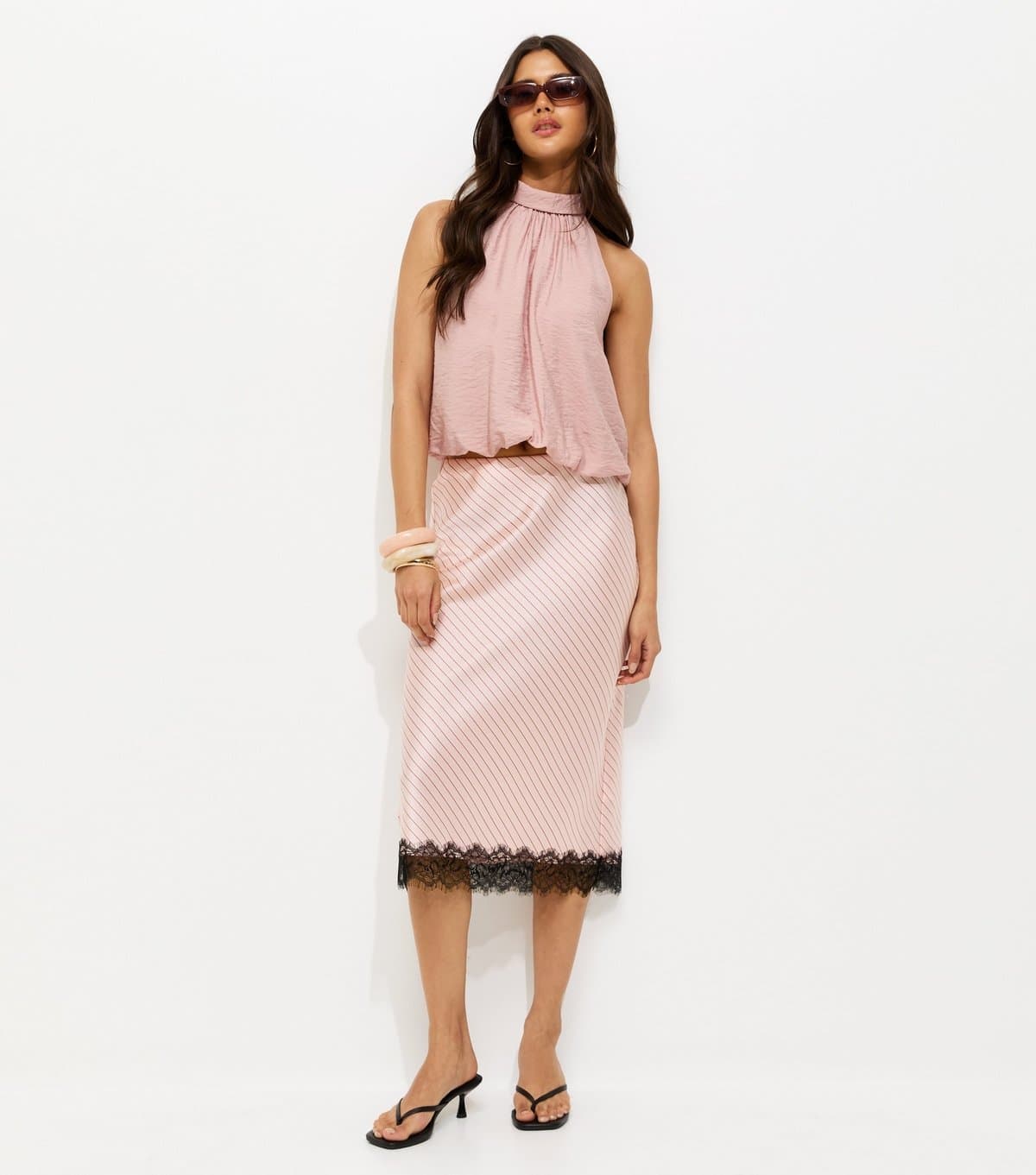 New Look Women's Pink Diagonal Stripe Lace Trim Satin Skirt New Look
