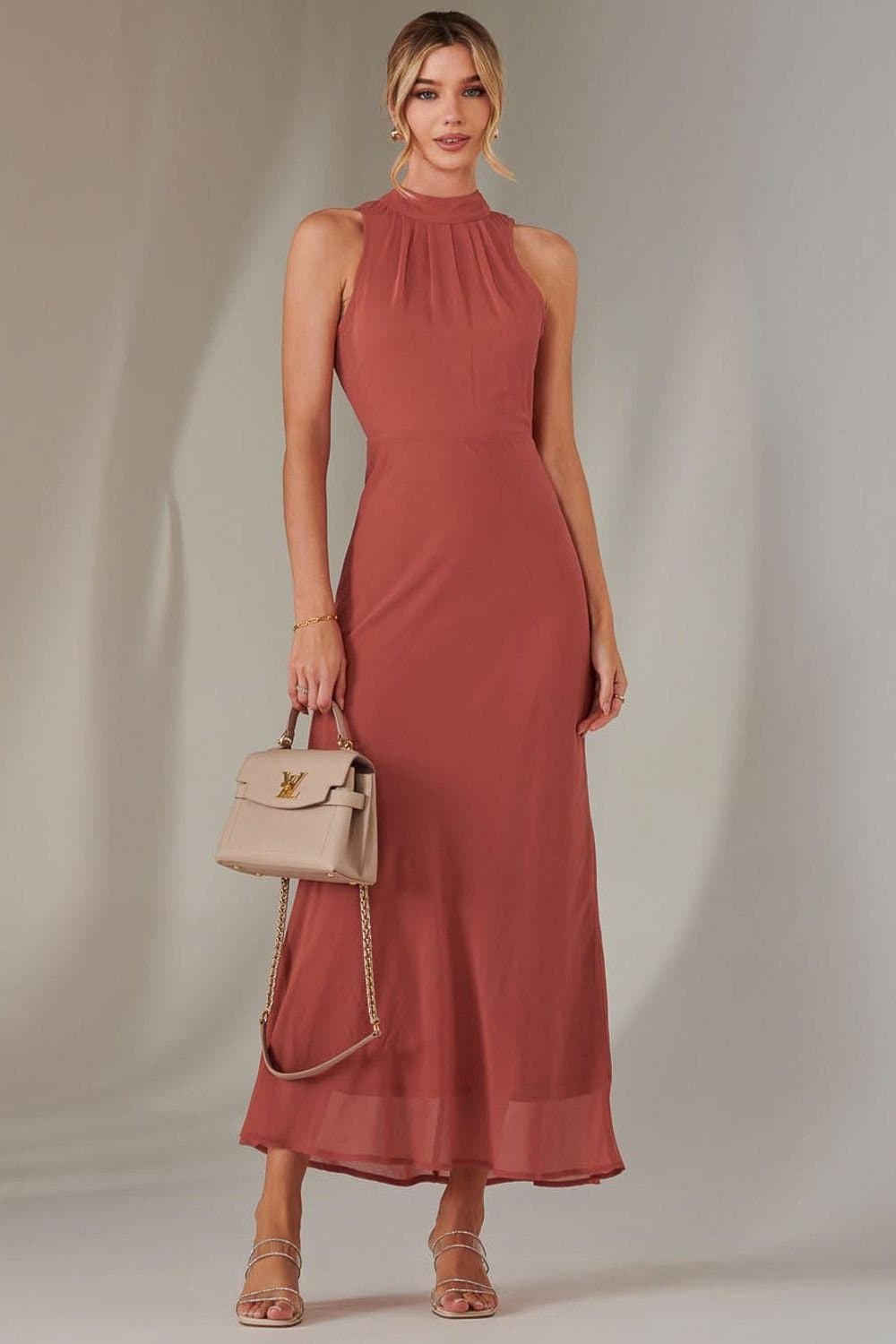 Jolie Moi Jolie Moi Women's Halter Neck Open Back Chiffon Maxi Dress in Coral