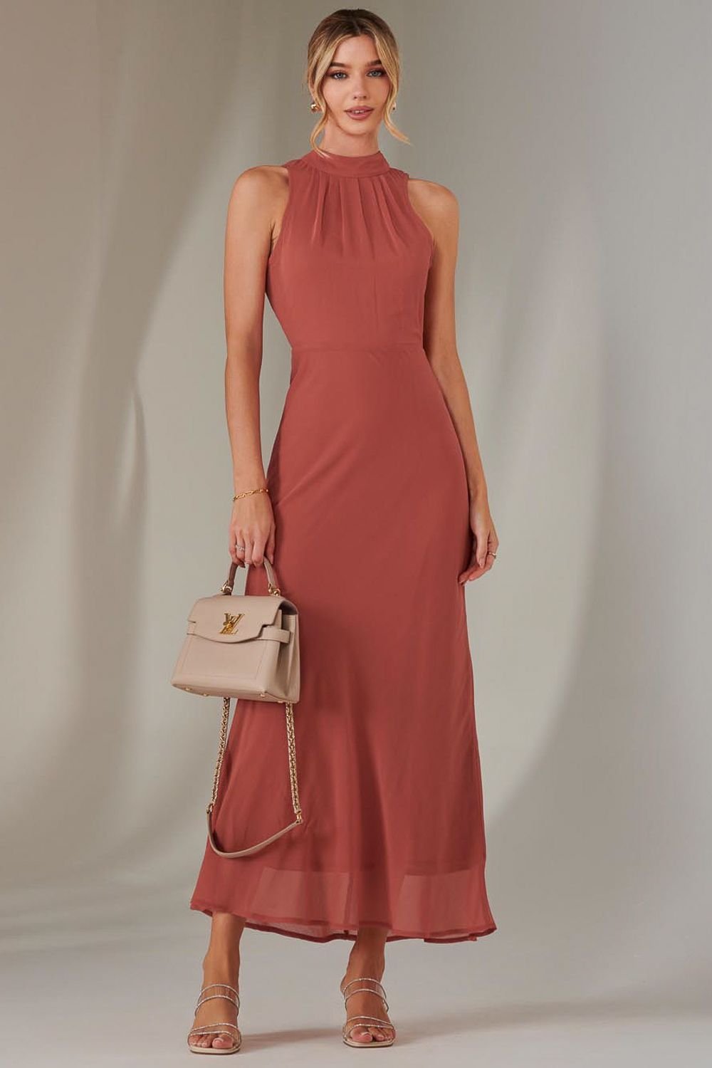 Jolie Moi Jolie Moi Women's Halter Neck Open Back Chiffon Maxi Dress in Coral - 2