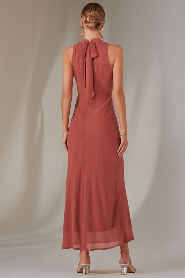 Jolie Moi Jolie Moi Women's Halter Neck Open Back Chiffon Maxi Dress in Coral - 2