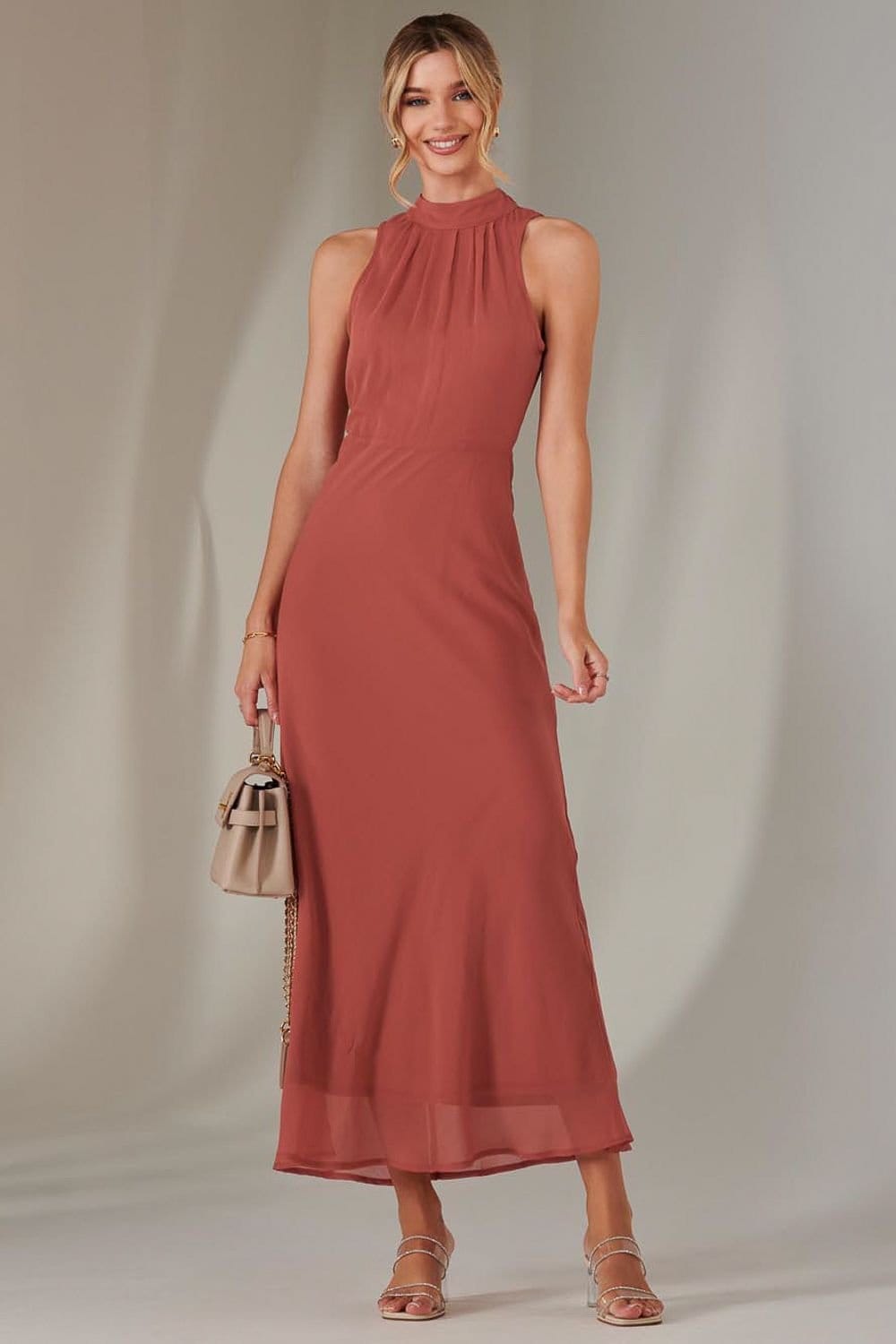 Jolie Moi Jolie Moi Women's Halter Neck Open Back Chiffon Maxi Dress in Coral - 4