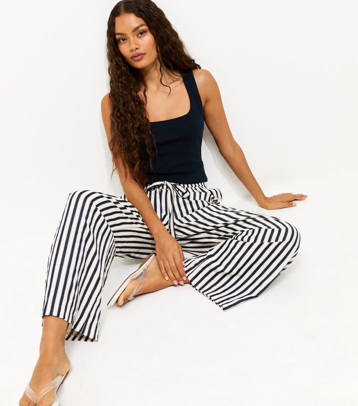 New Look Women's Petite Blue Striped Drawstring Wide Leg Trousers New Look