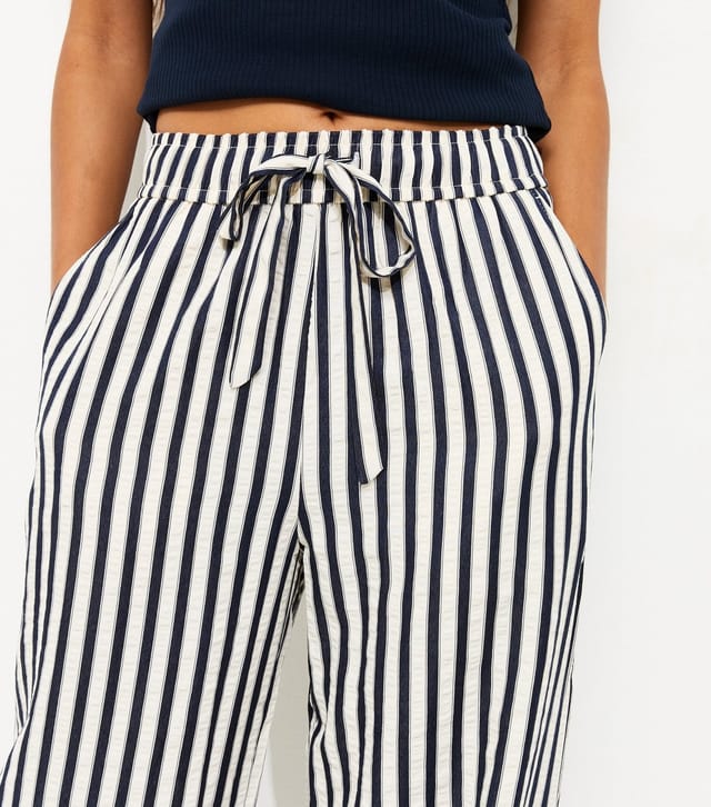 New Look Women's Petite Blue Striped Drawstring Wide Leg Trousers New Look - 2