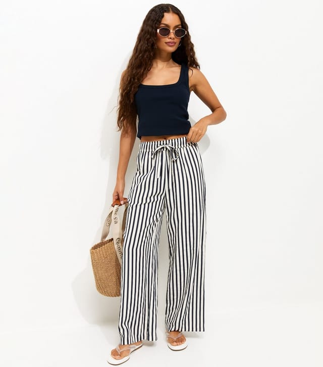 New Look Women's Petite Blue Striped Drawstring Wide Leg Trousers New Look - 3