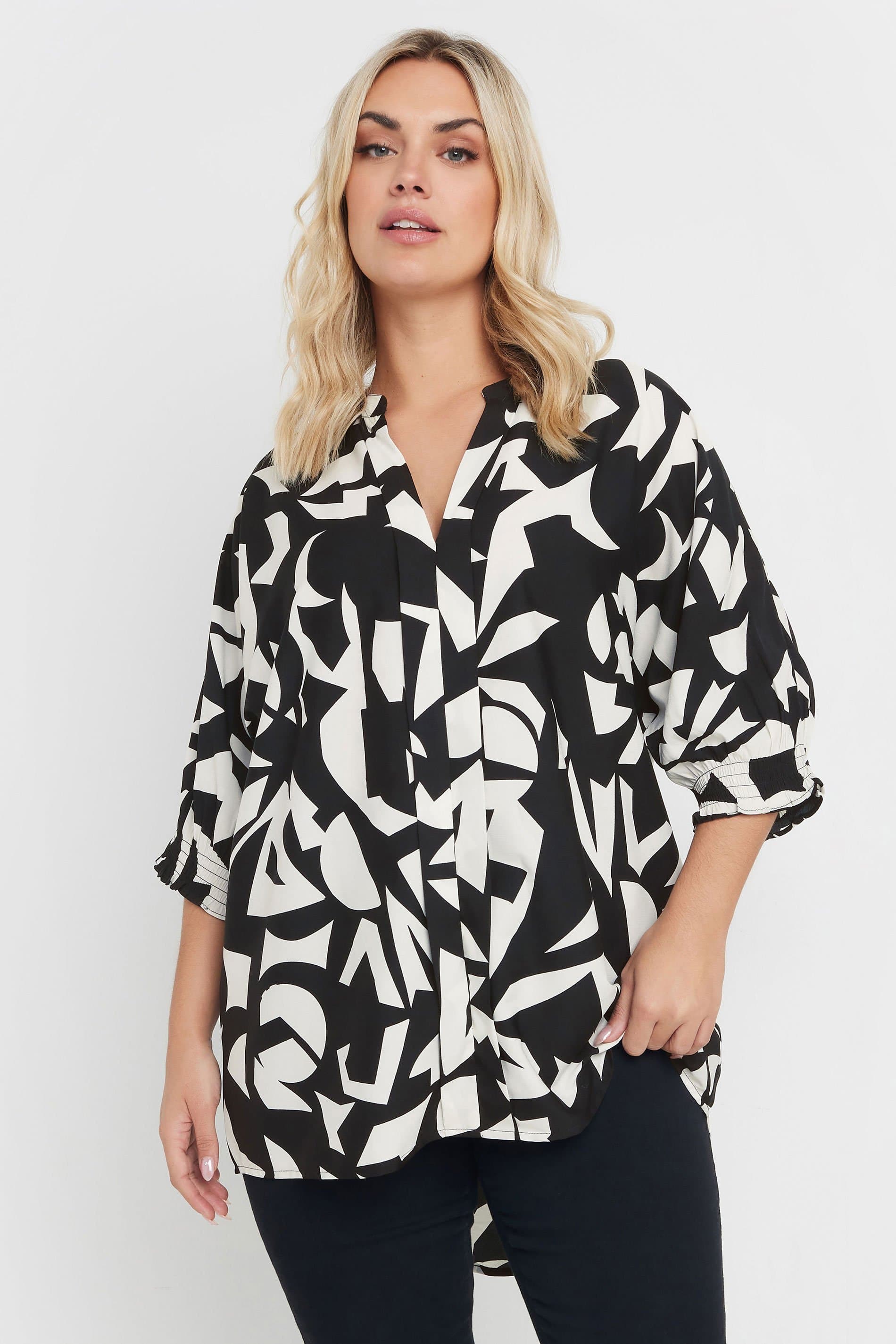Yours Plus Size Black & White Abstract Vneck Shirt