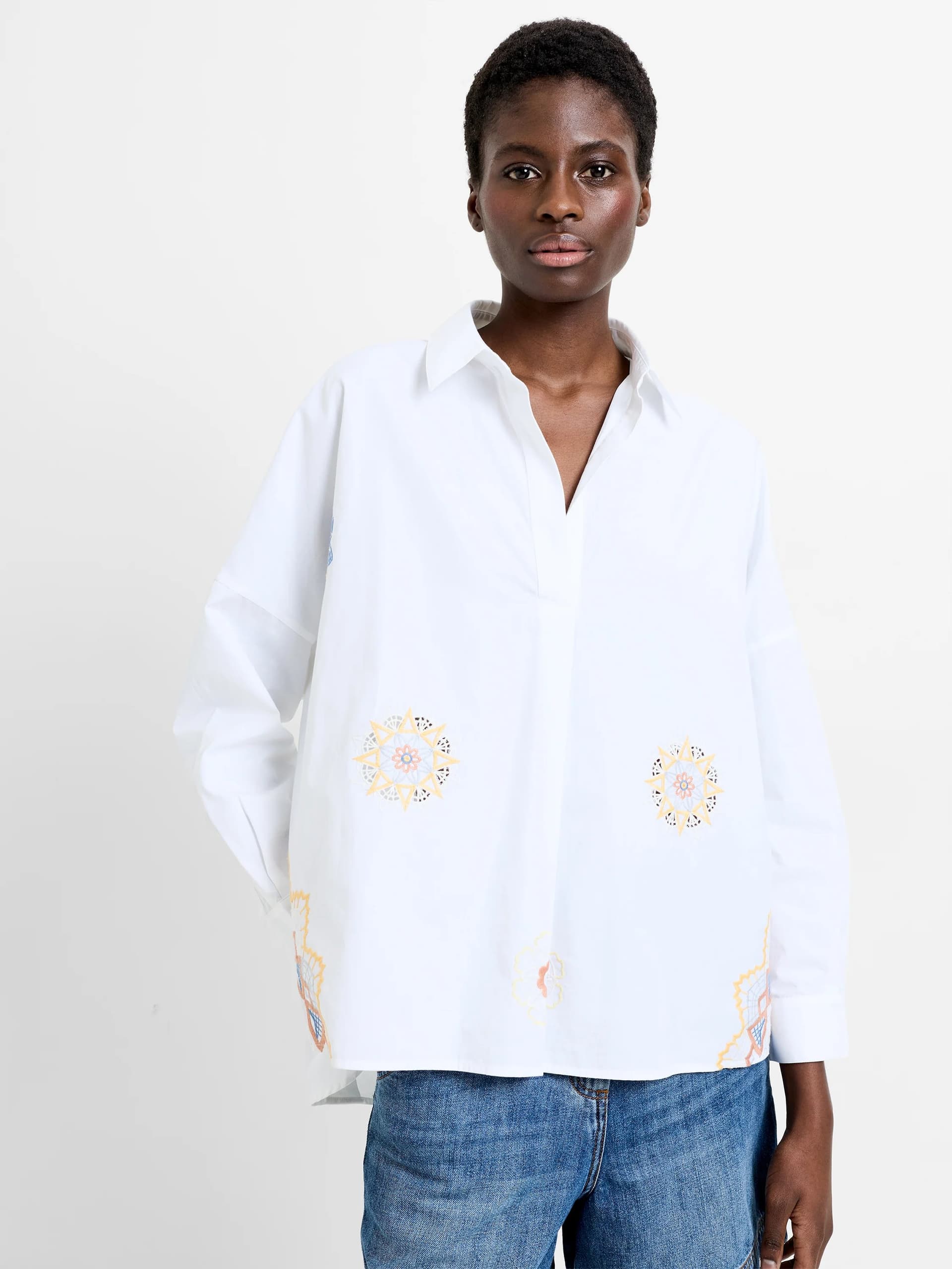 French Connection Rhodes Embroidered Poplin Shirt White Multi