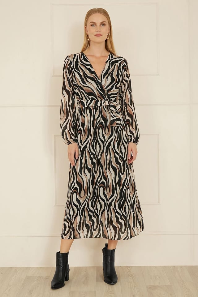 Yumi Yumi Women's Brown Animal Swirl Midi Wrap Dress in Black - 3