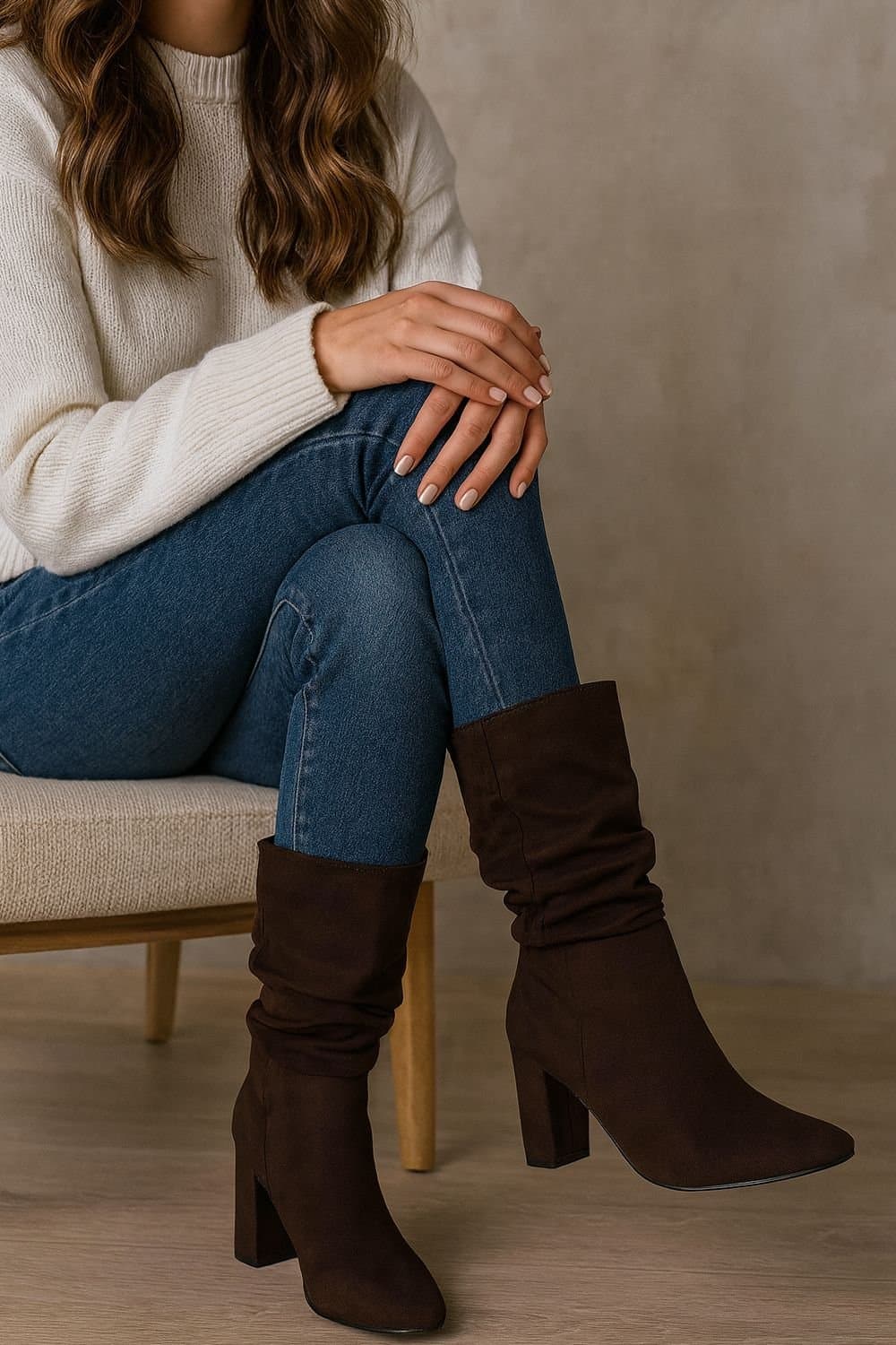 Down To Earth Down To Earth Women's Mid Calf Block Heel Slouch Boots - Faux Suede Pull-On Dress Boots in Brown