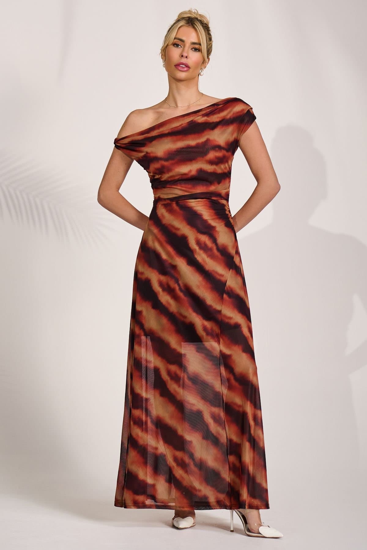 Jolie Moi Jolie Moi Women's Mesh Asymmetrical Off-Shoulder Maxi Dress in Orange