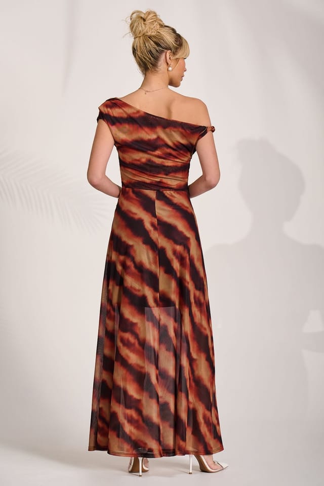 Jolie Moi Jolie Moi Women's Mesh Asymmetrical Off-Shoulder Maxi Dress in Orange - 2