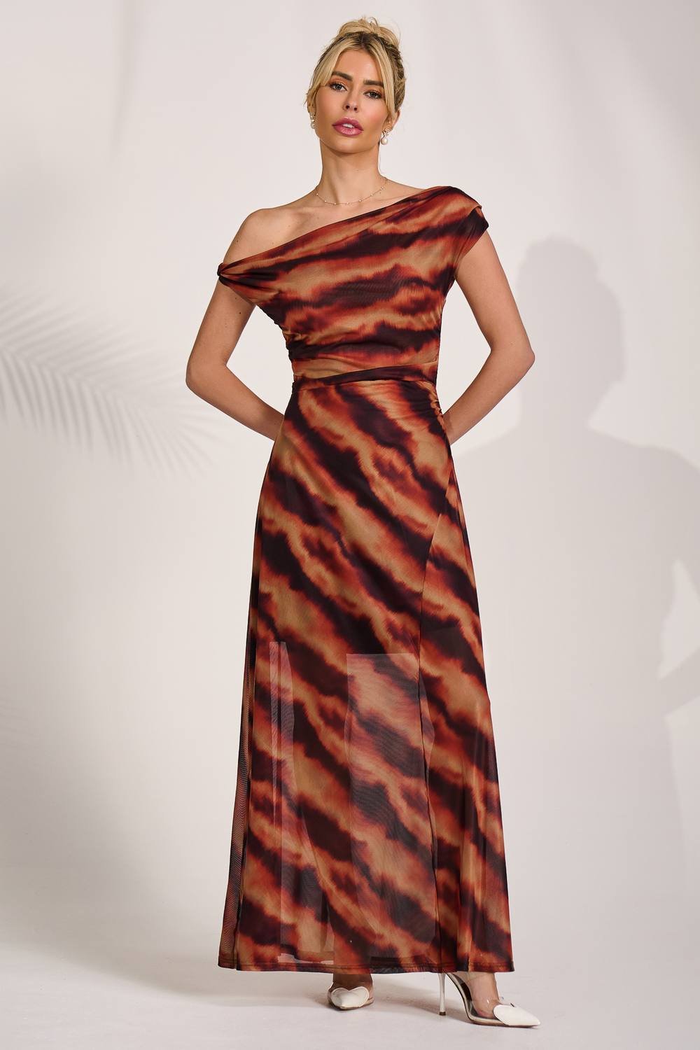 Jolie Moi Jolie Moi Women's Mesh Asymmetrical Off-Shoulder Maxi Dress in Orange - 3