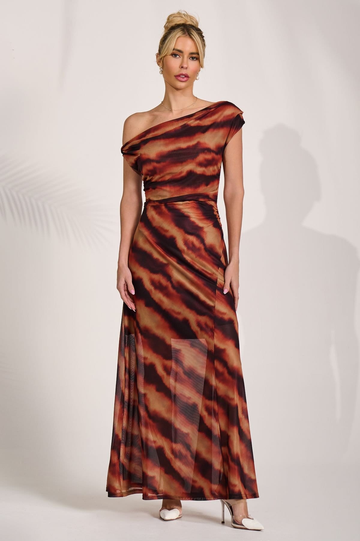 Jolie Moi Jolie Moi Women's Mesh Asymmetrical Off-Shoulder Maxi Dress in Orange - 4