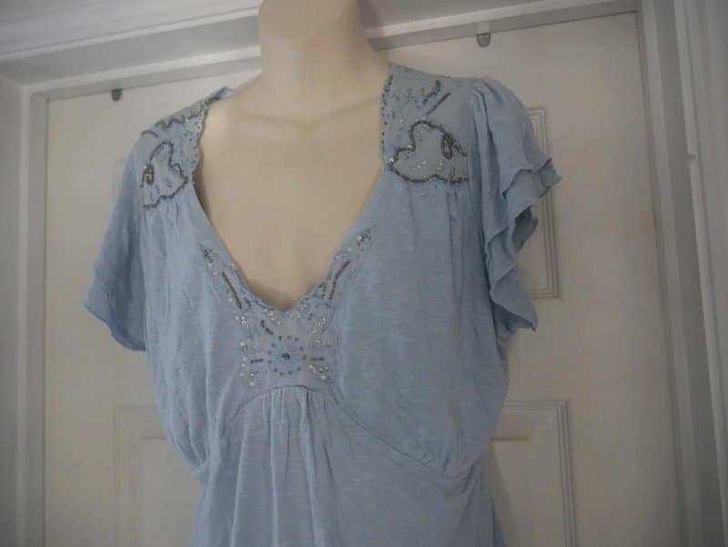 John Rocha John Rocha Top Ladies Size 18 Pale Blue Embroidered Beaded Sequin Blouse BNWT