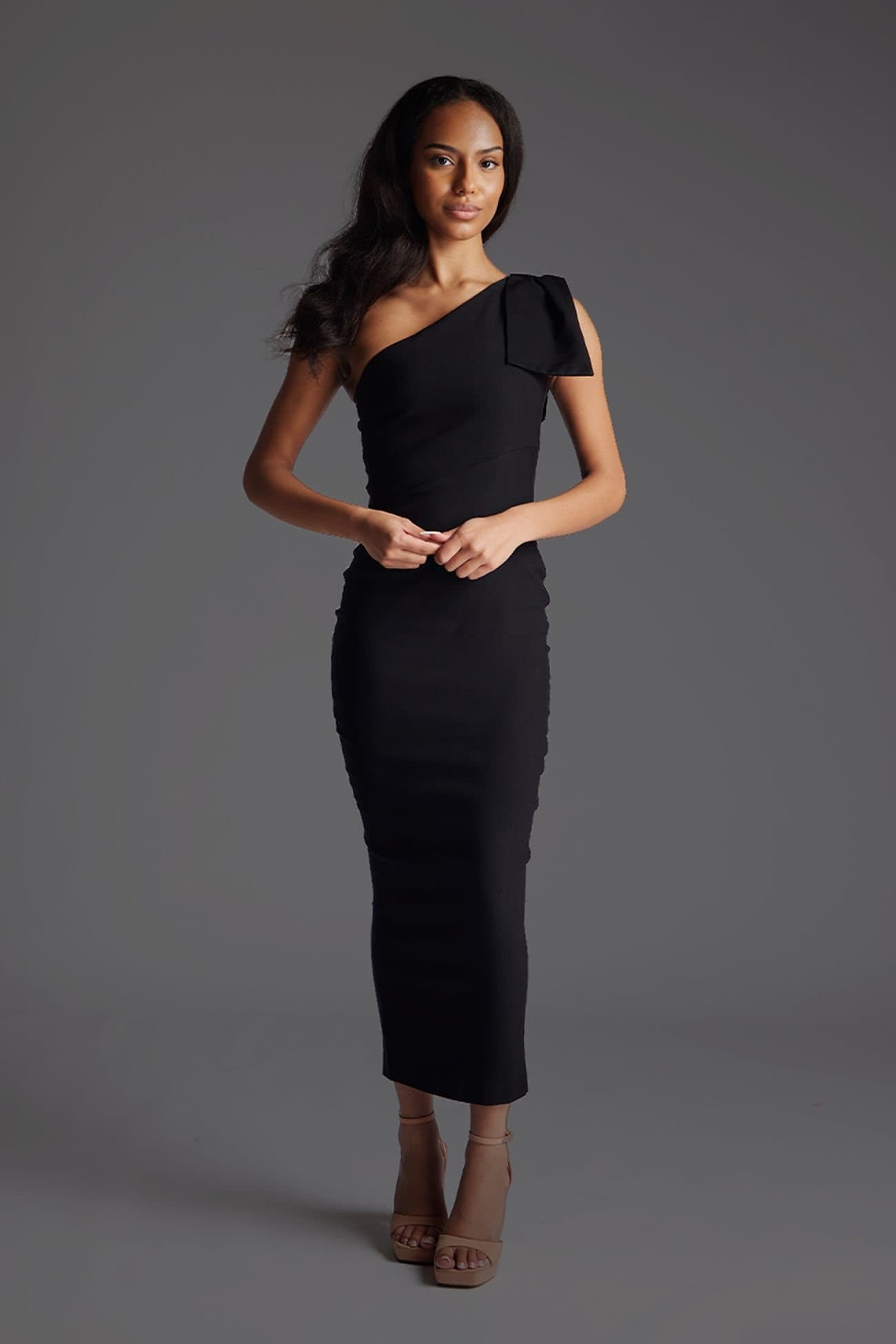 Vesper Vesper Women's One Shoulder Bow Detail Bodycon Midaxi Dress in Black