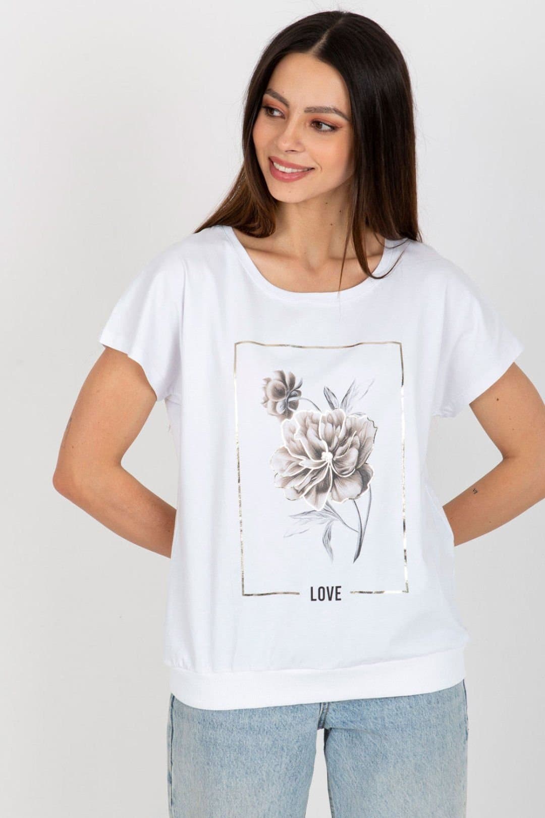 Love Lace Love Lace Women's Cotton Short Sleeve Round Neck Front Print Blouse in White