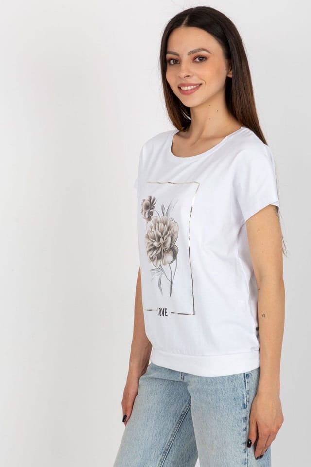 Love Lace Love Lace Women's Cotton Short Sleeve Round Neck Front Print Blouse in White - 2