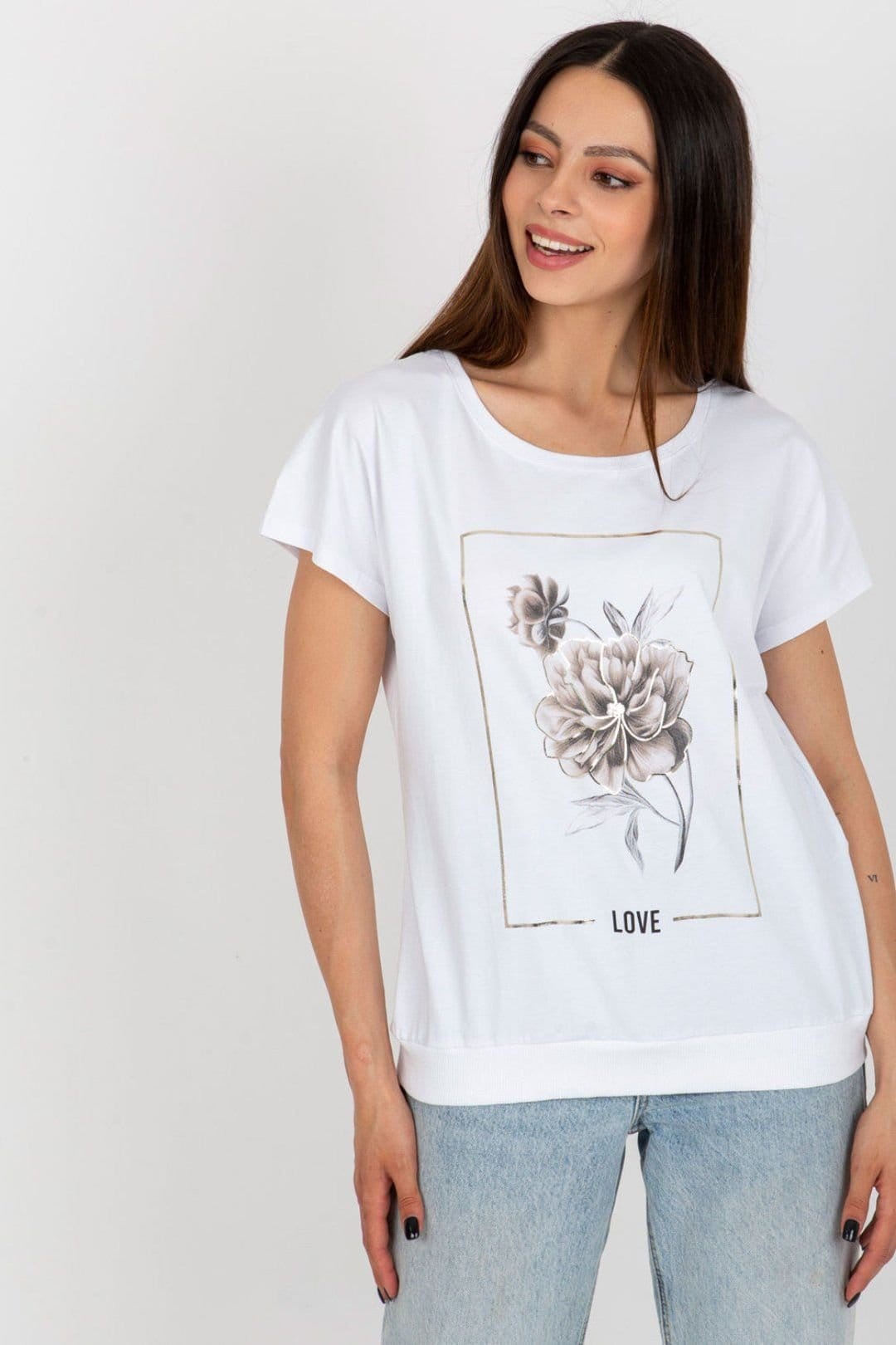 Love Lace Love Lace Women's Cotton Short Sleeve Round Neck Front Print Blouse in White - 4