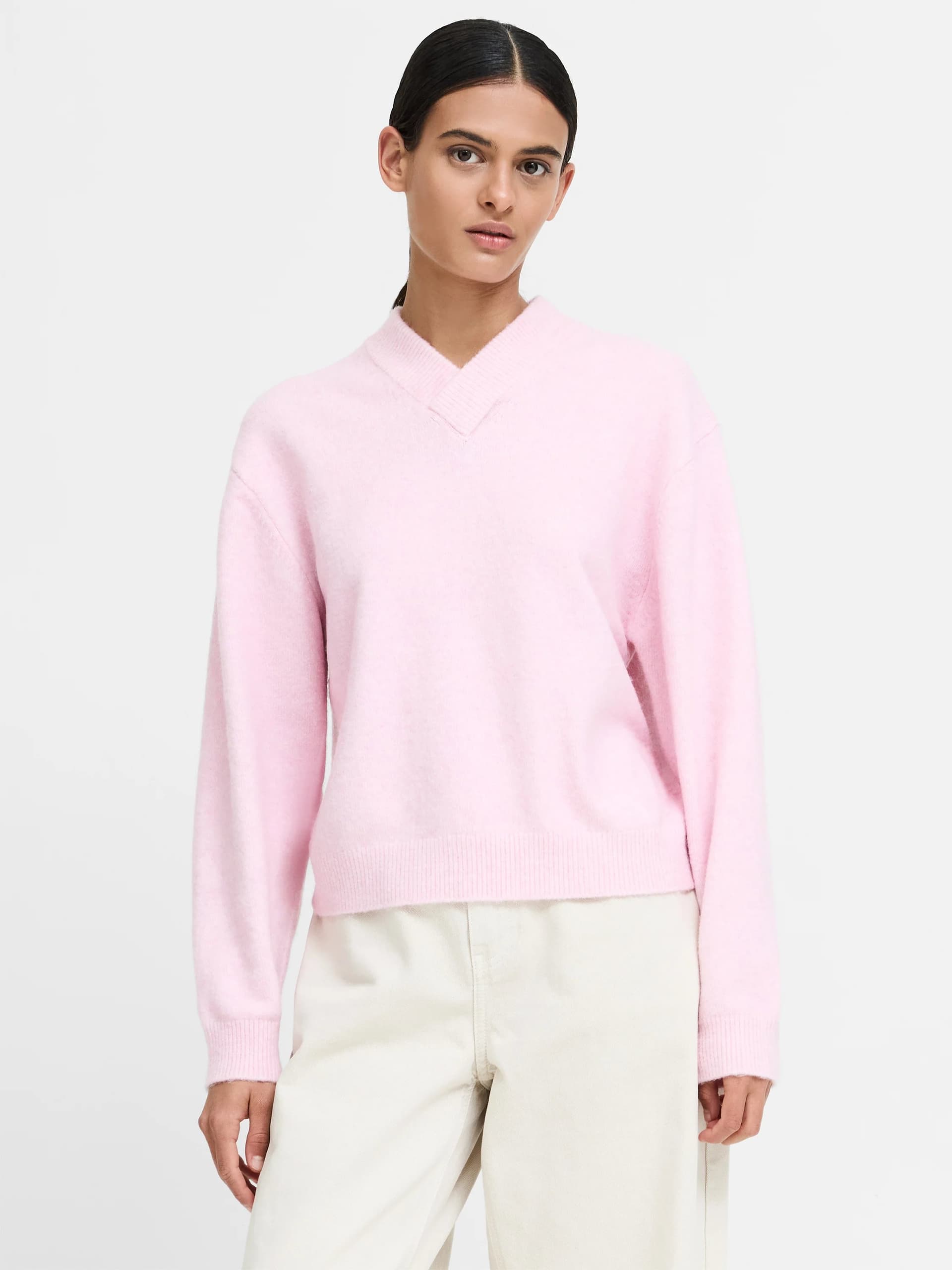 French Connection Maisha Pink Brushed Knit V-Neck Jumper Rose Pink