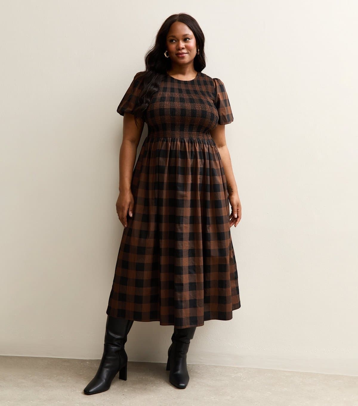 New Look Women's Plus Size Brown Checked Puff Sleeve Midi Dress Curves New Look