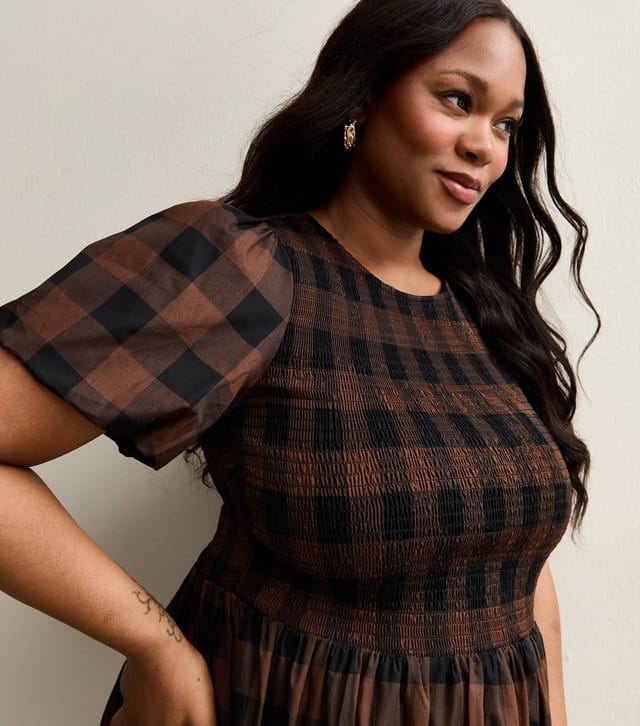 New Look Women's Plus Size Brown Checked Puff Sleeve Midi Dress Curves New Look - 2