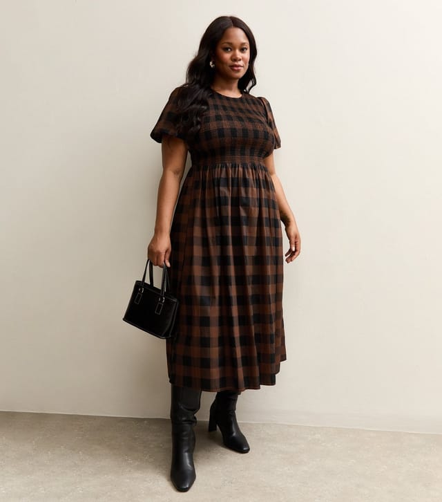 New Look Women's Plus Size Brown Checked Puff Sleeve Midi Dress Curves New Look - 3