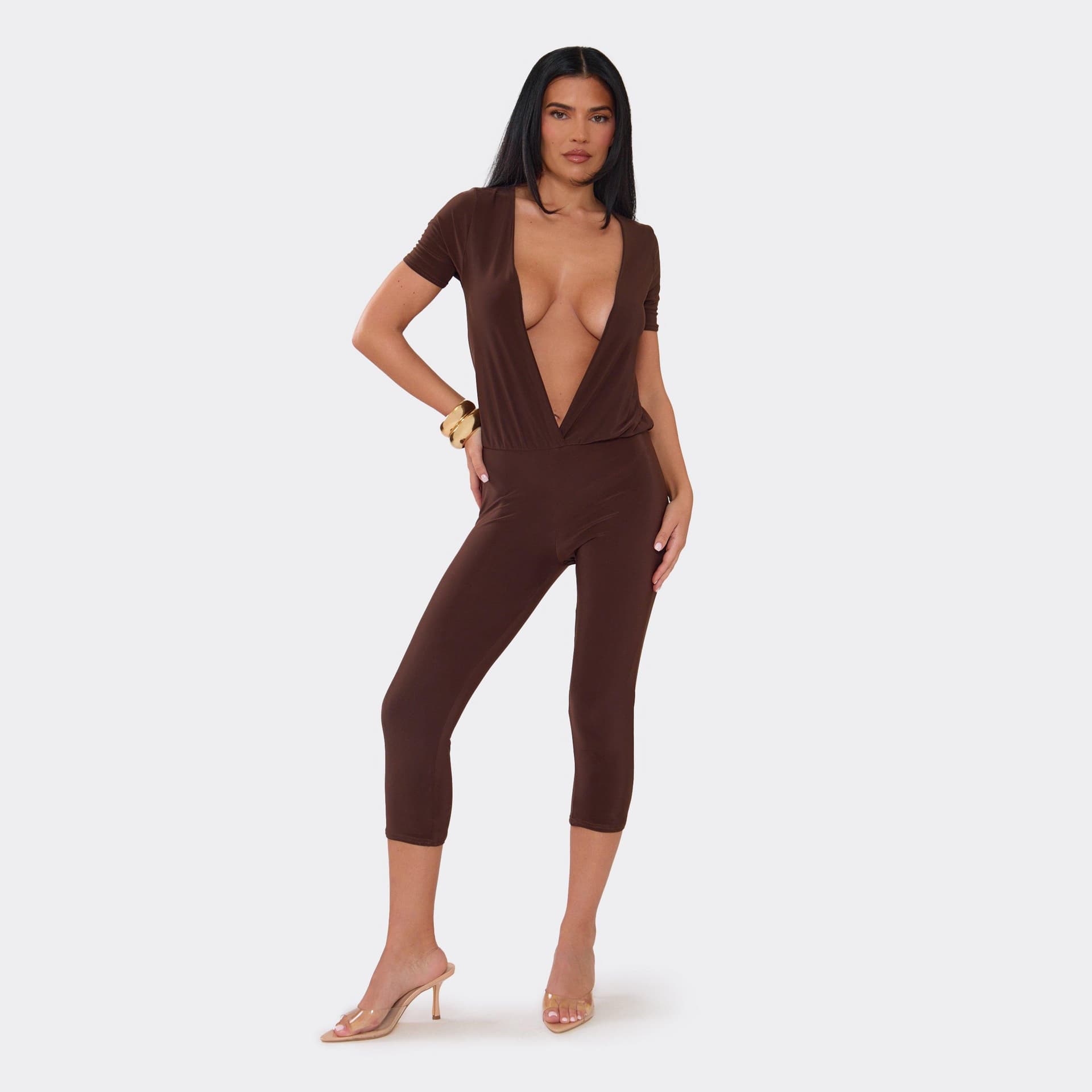 EGO Short Sleeve Cross Front Blouson Jumpsuit In Chocolate Brown, Women's Size UK 6