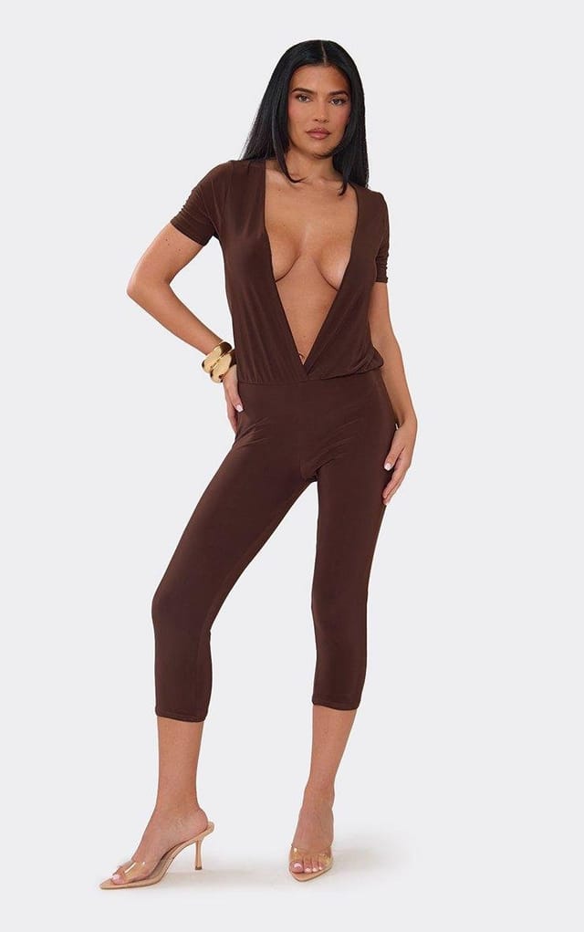 EGO Short Sleeve Cross Front Blouson Jumpsuit In Chocolate Brown, Women's Size UK 6 - 2